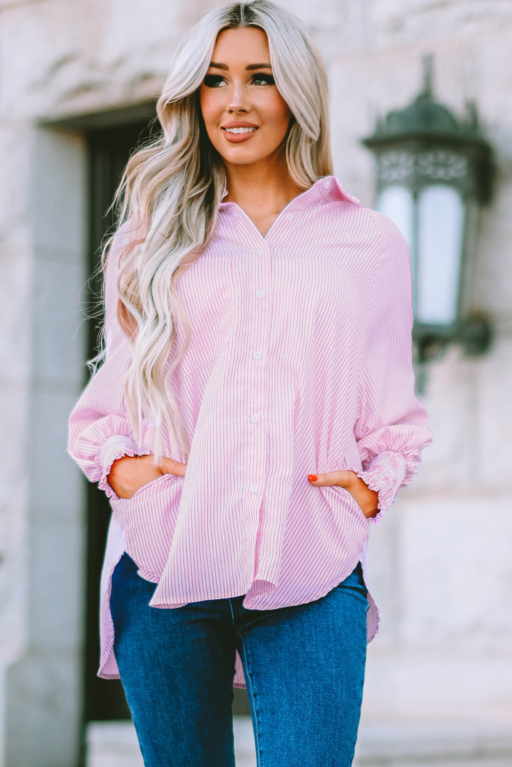 Black Striped Casual Shirred Cuffs Shirt *