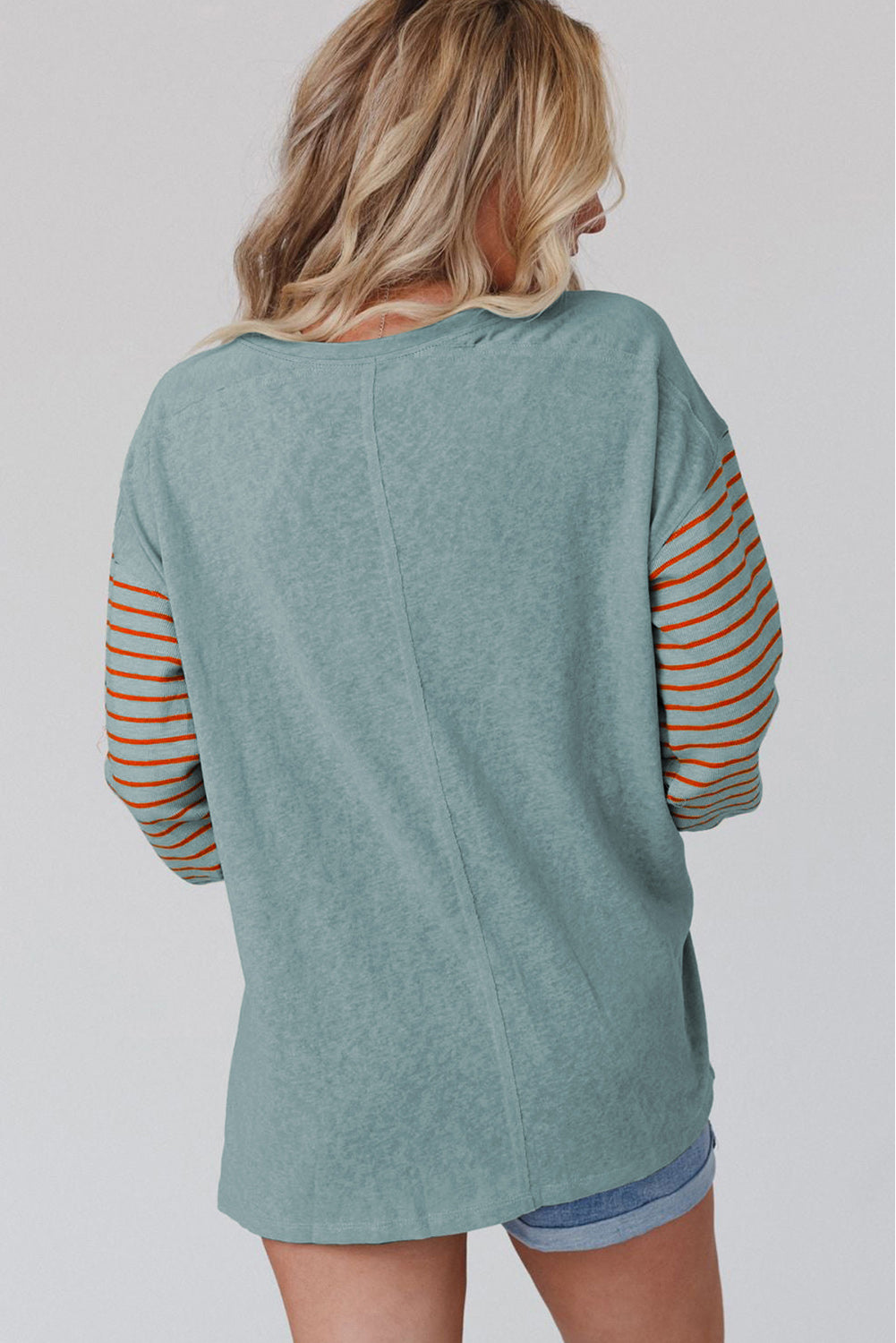 Green Colorblock Striped Bishop Sleeve Top with Side Slits *