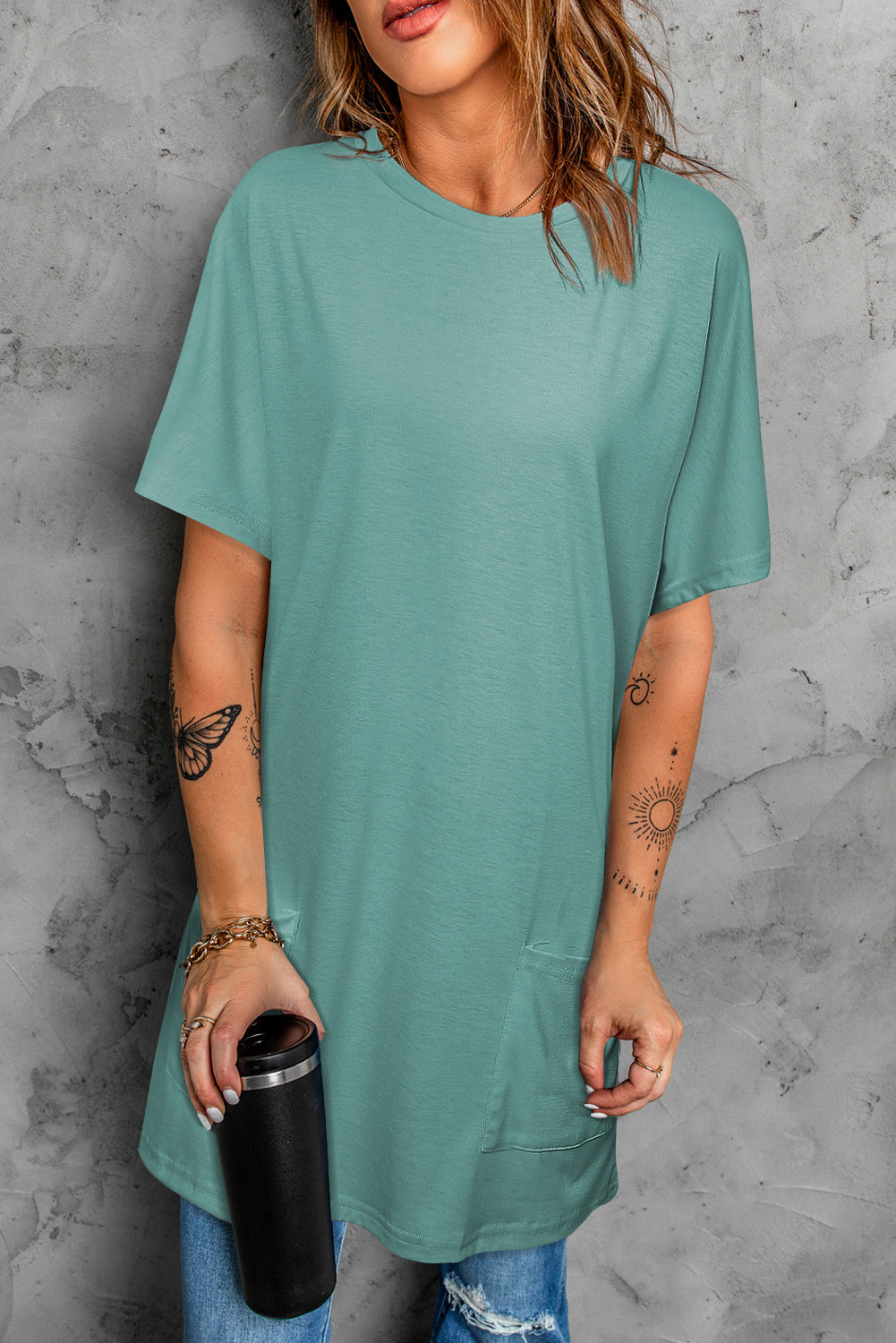 Light Blue Loose Pocket Casual Tunic Long T-Shirt