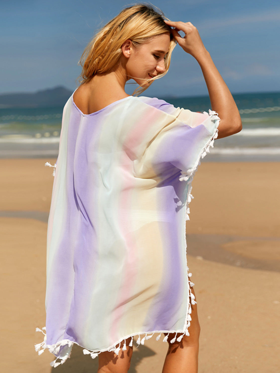 Tassel Boat Neck Half Sleeve Cover Up