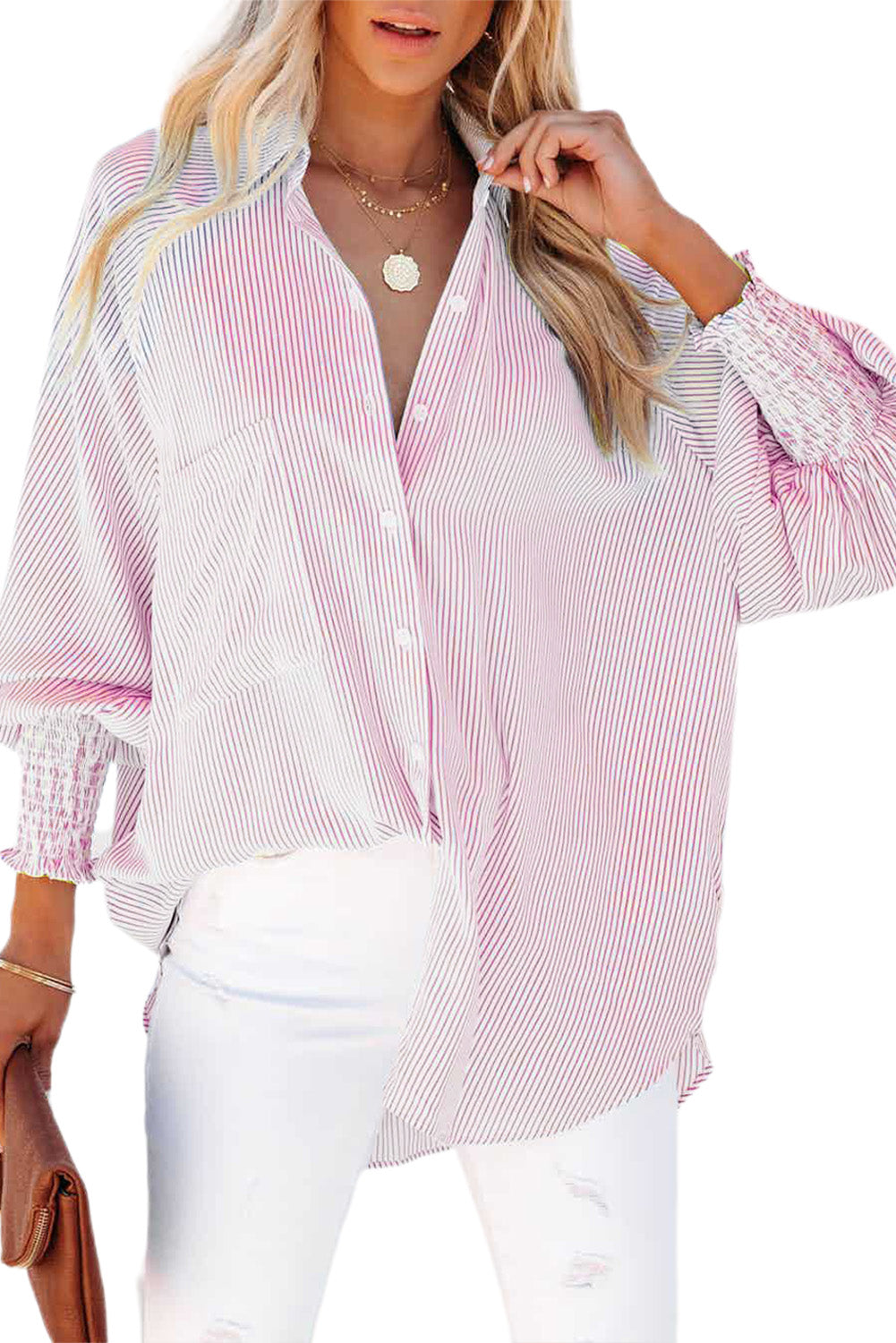 Black Striped Casual Shirred Cuffs Shirt *