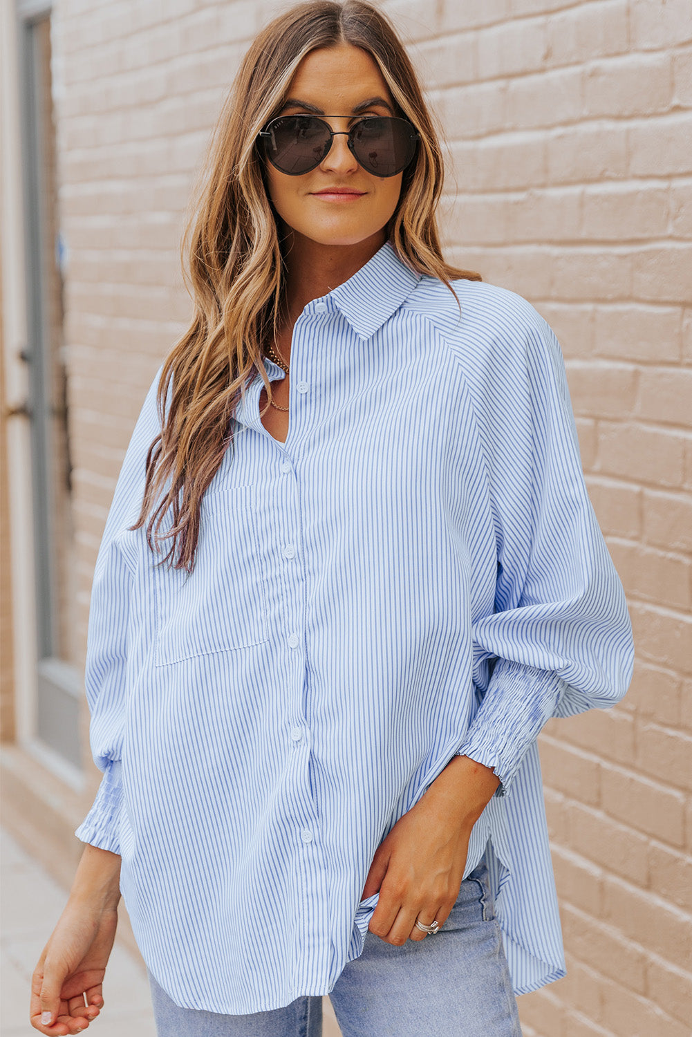 Black Striped Casual Shirred Cuffs Shirt *