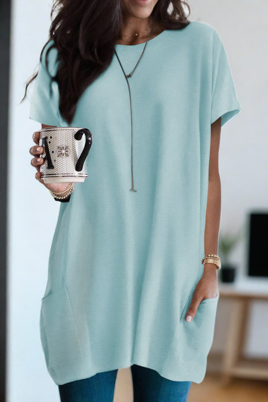 Light Blue Loose Pocket Casual Tunic Long T-Shirt