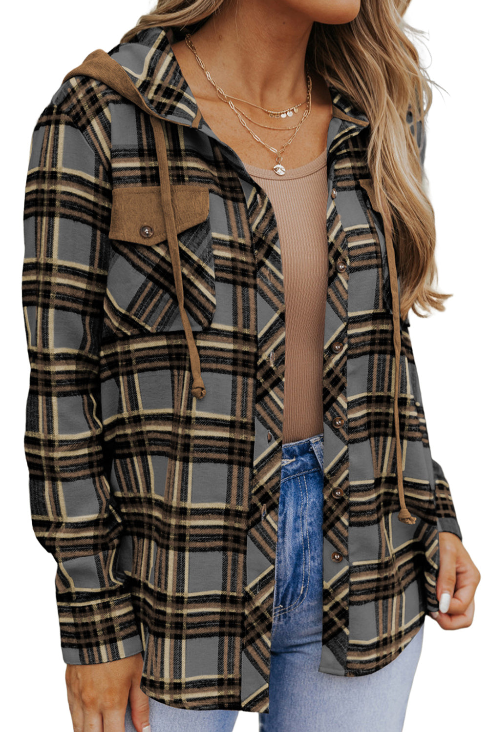 Pink Plaid Contrast Hooded Drawstring Shacket *