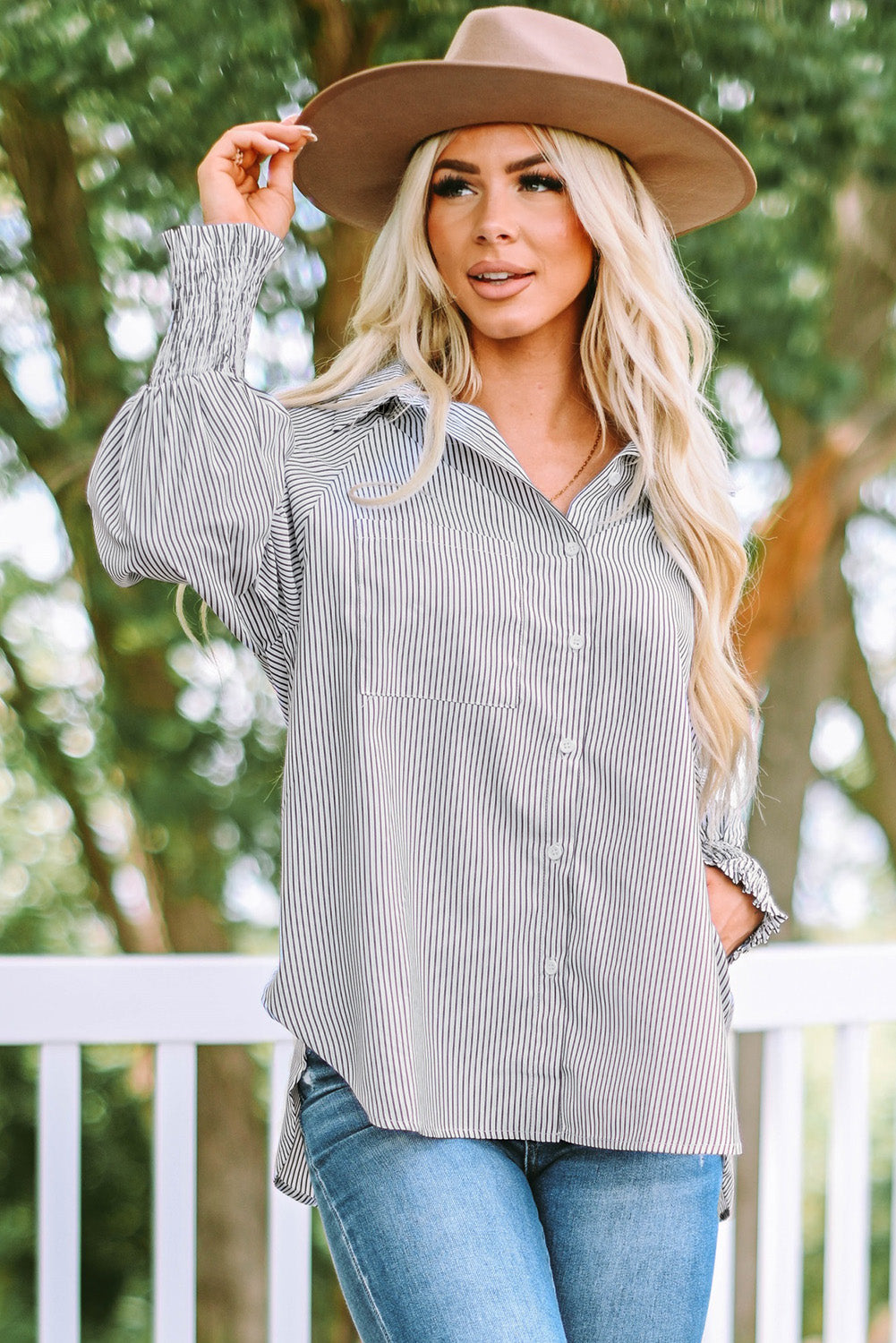 Black Striped Casual Shirred Cuffs Shirt *