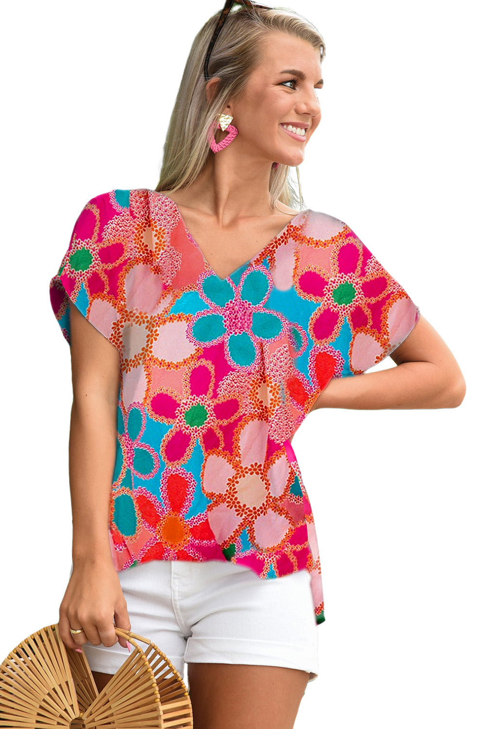 Multicolor Abstract Print V Neck Short Sleeve Dolman Blouse