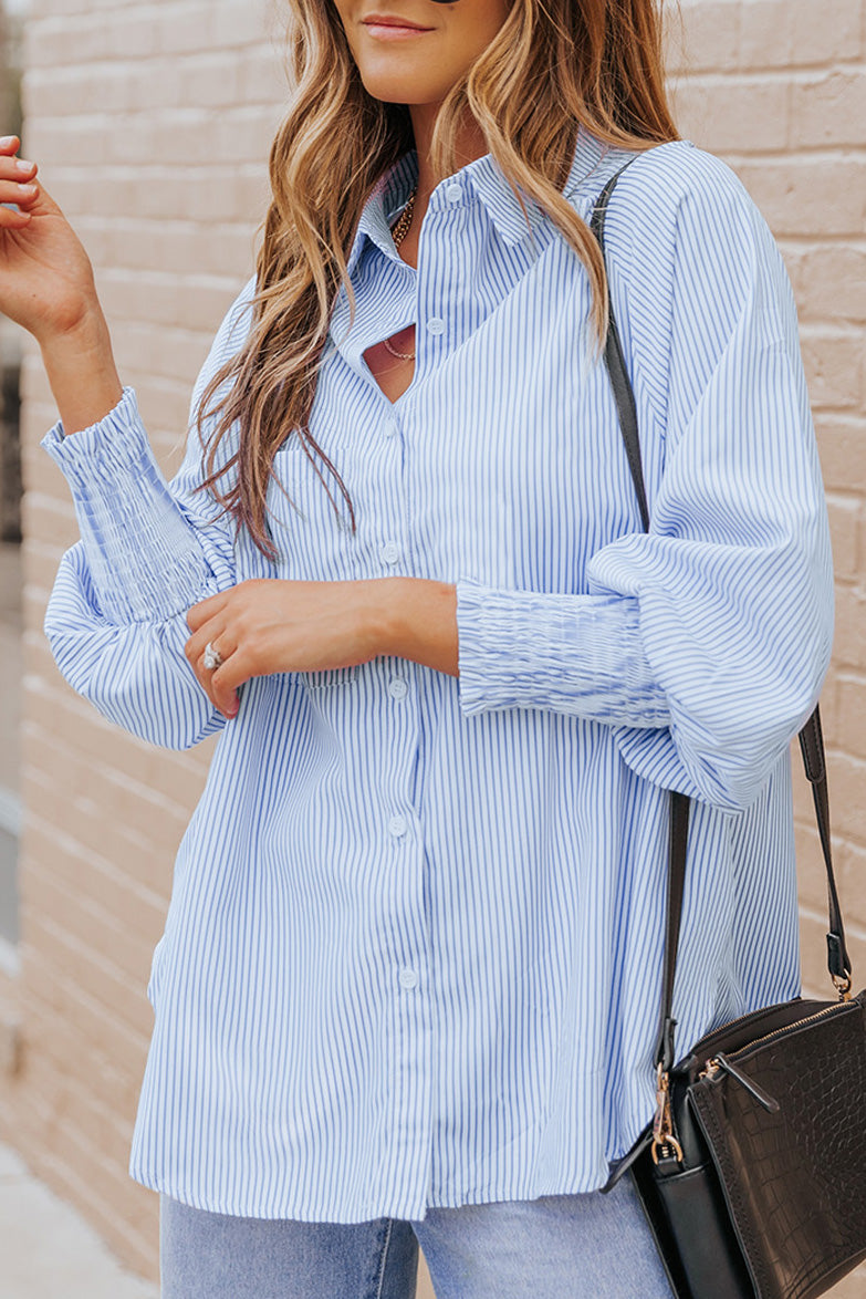 Black Striped Casual Shirred Cuffs Shirt *