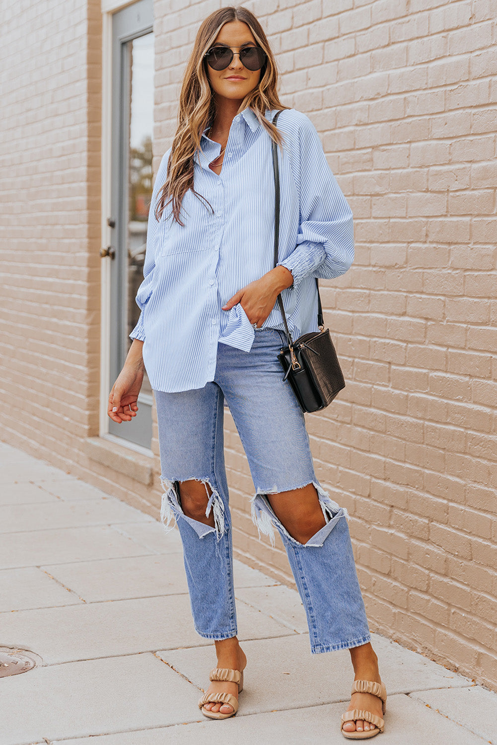 Black Striped Casual Shirred Cuffs Shirt *