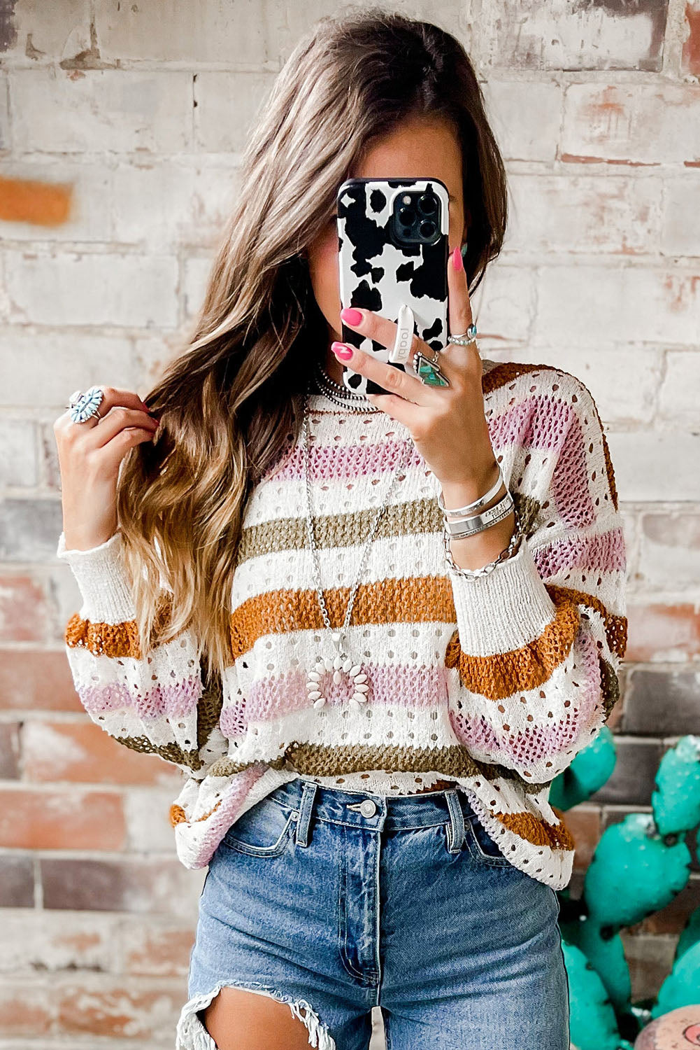 Multicolor Striped Hollowed Knitted Loose Sweater *