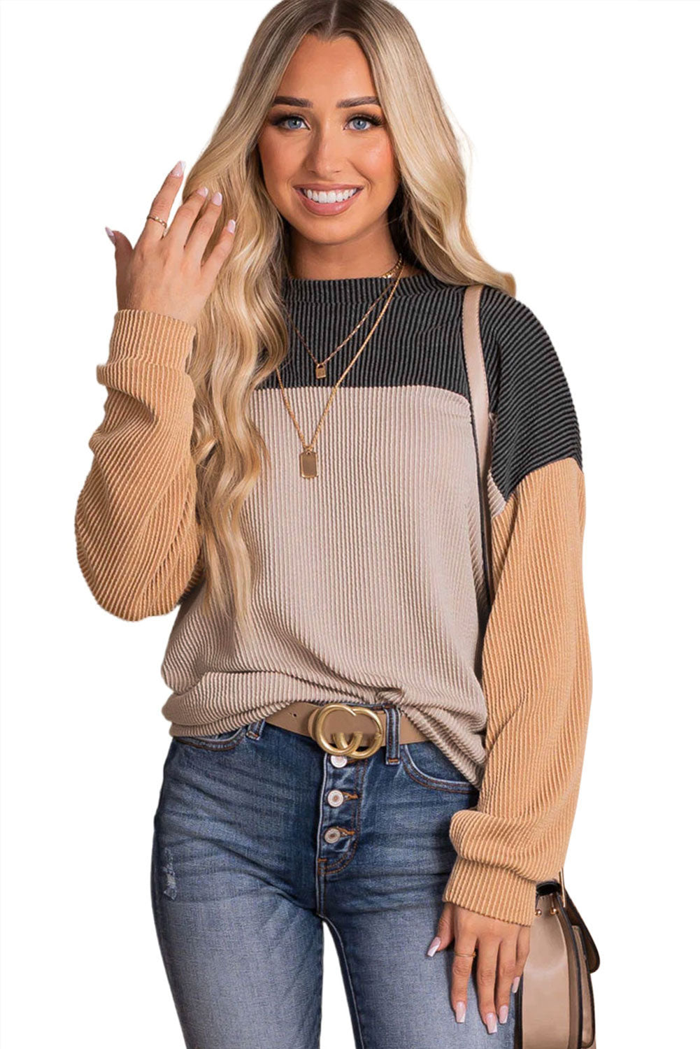 Black Color Block Corduroy Long Sleeve Top *