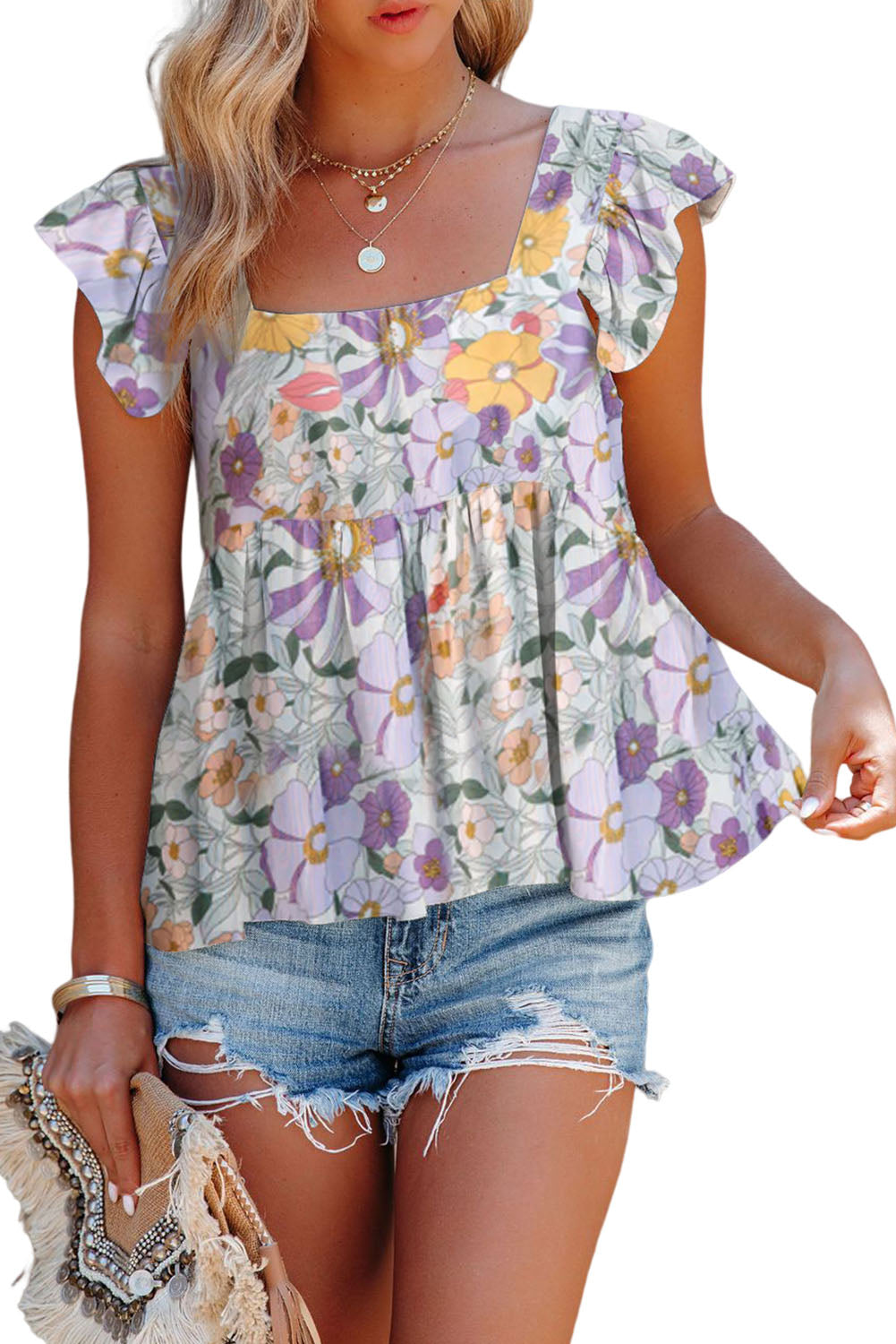 Multicolor Floral Print Flowy Flutter Sleeveless Shirt