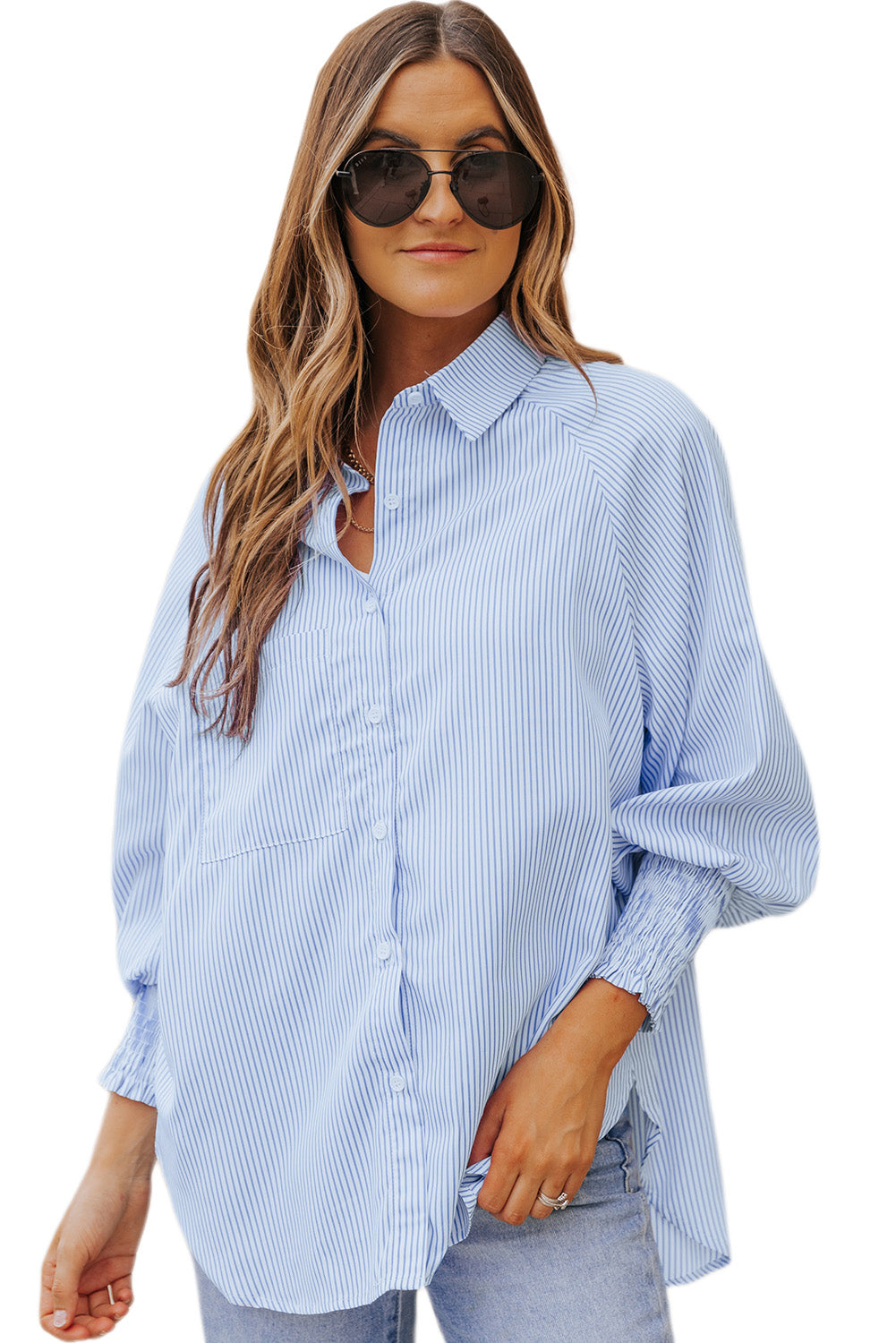 Black Striped Casual Shirred Cuffs Shirt *