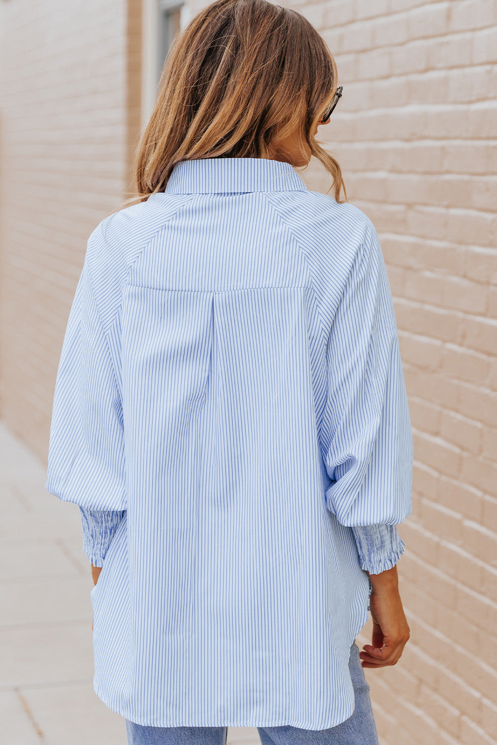 Black Striped Casual Shirred Cuffs Shirt *