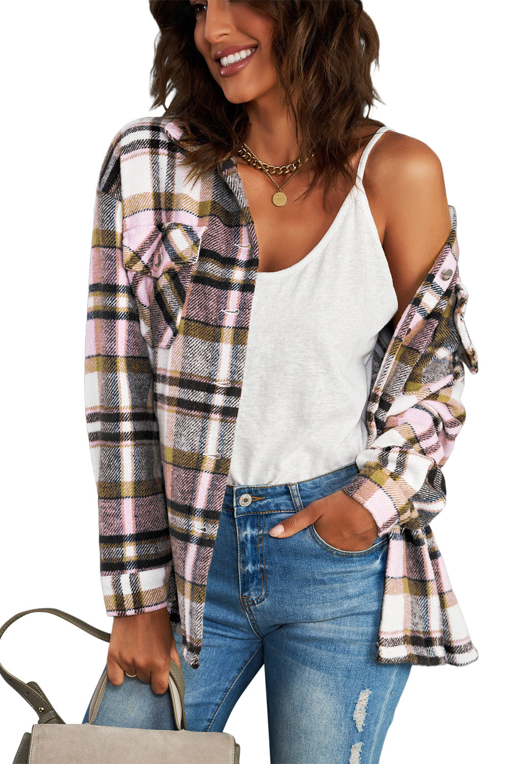 Multicolor Plaid Casual Button Up Flannel Shacket *