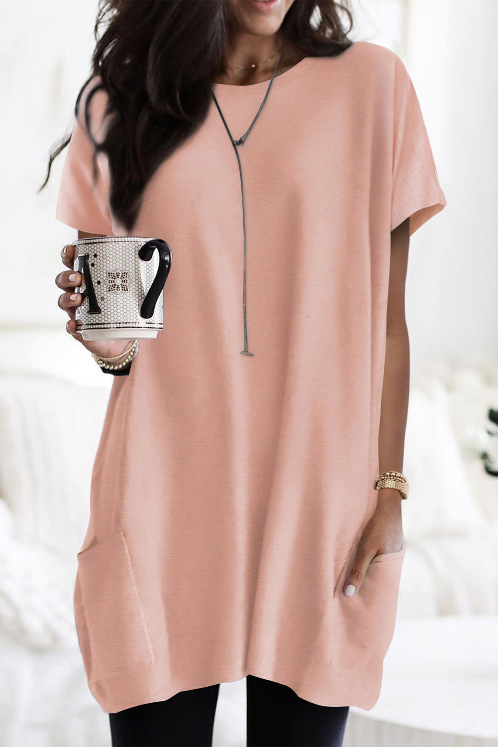 Light Blue Loose Pocket Casual Tunic Long T-Shirt