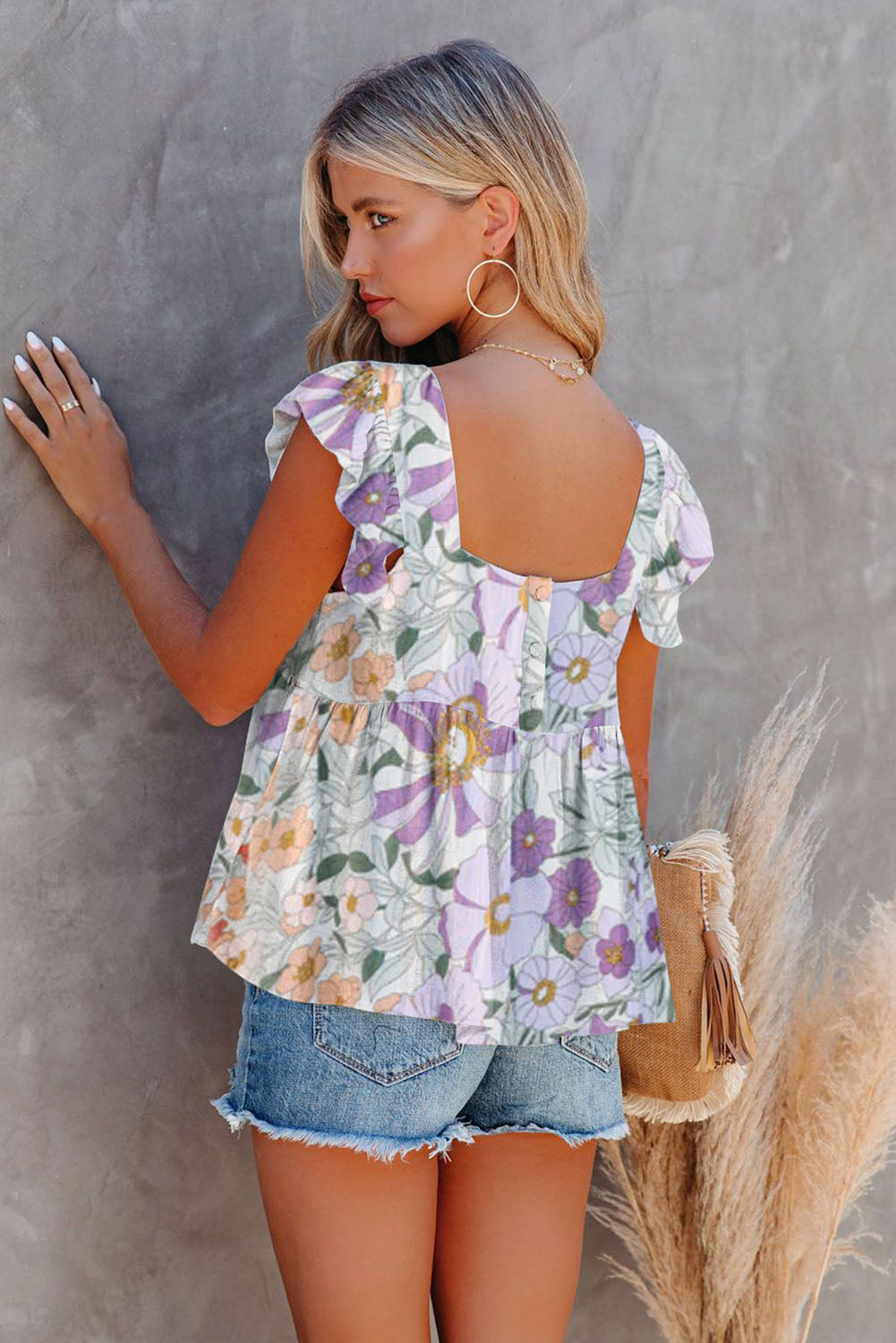 Multicolor Floral Print Flowy Flutter Sleeveless Shirt