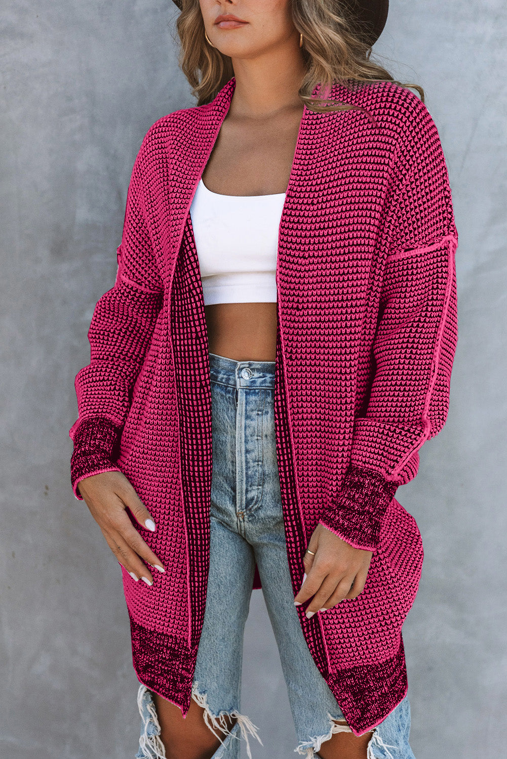 Pink Plaid Contrast Trim Casual Knit Long Cardigan*