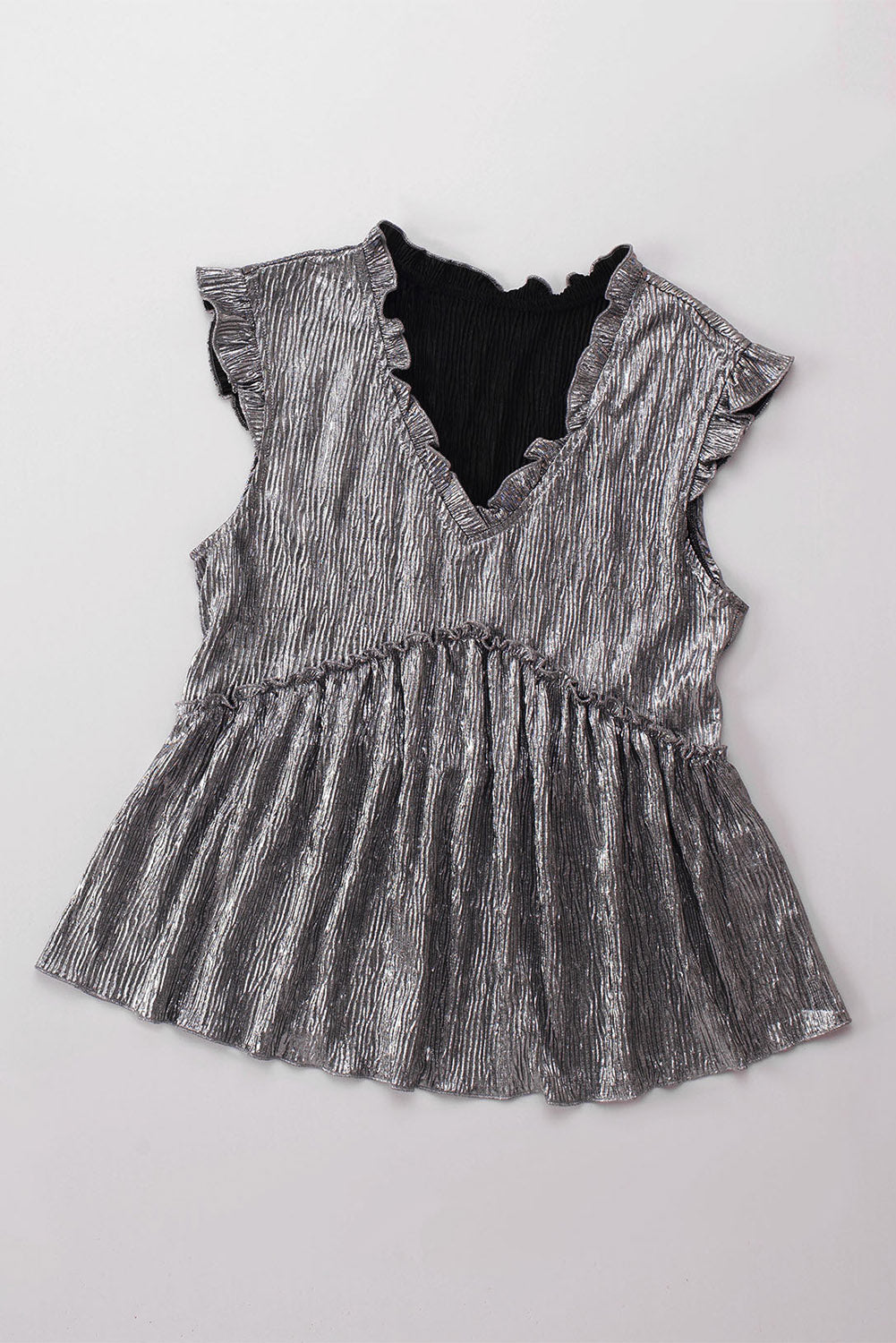 Khaki Frilled V Neck Metallic Crinkle Sleeveless Blouse