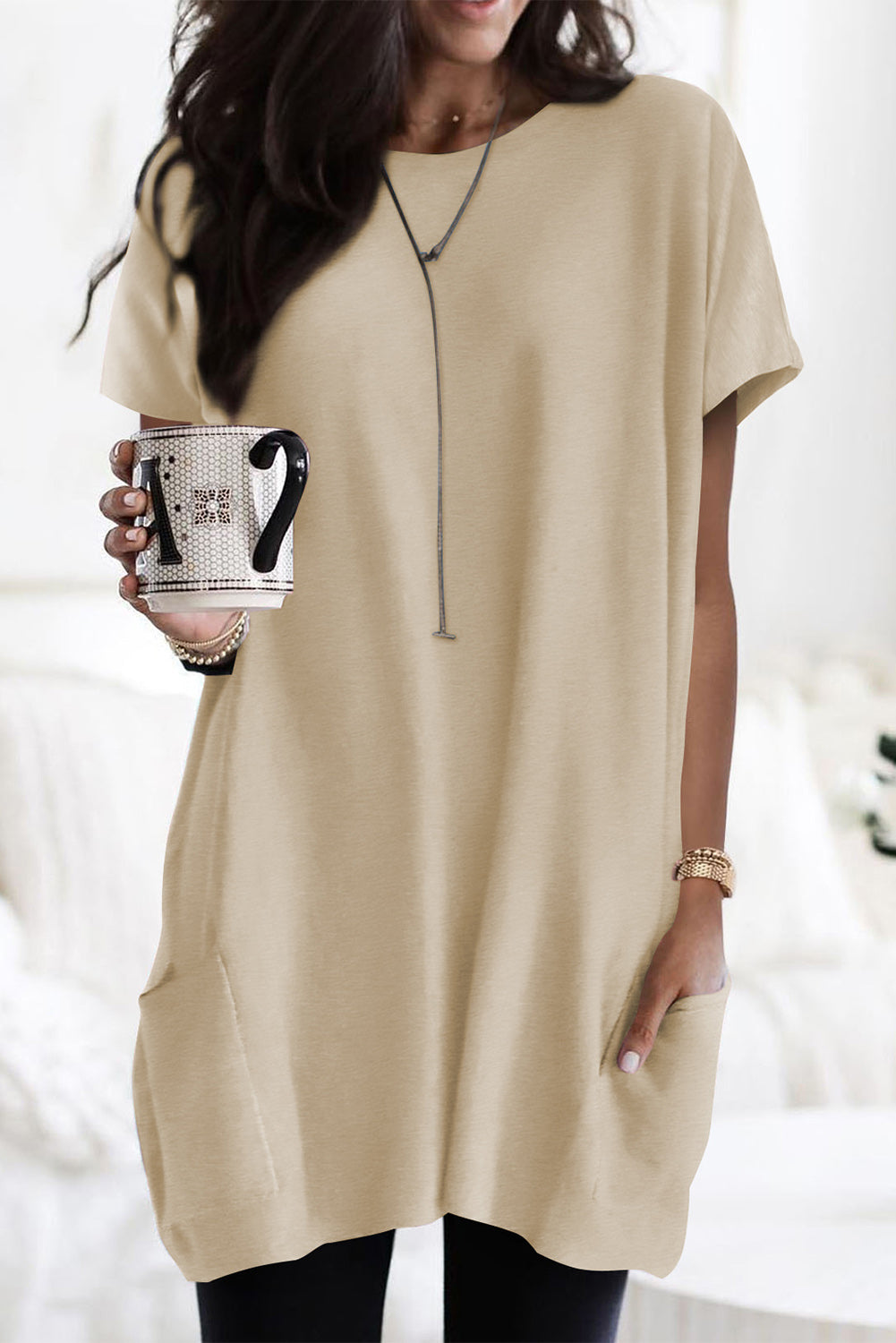 Light Blue Loose Pocket Casual Tunic Long T-Shirt