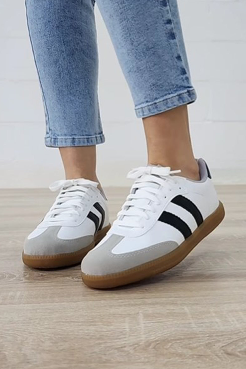 Black Striped Lace Up Flat Sneakers