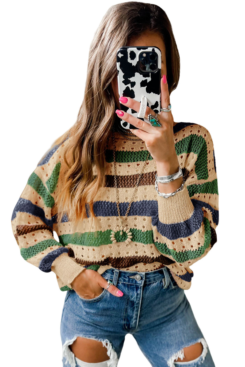 Multicolor Striped Hollowed Knitted Loose Sweater *