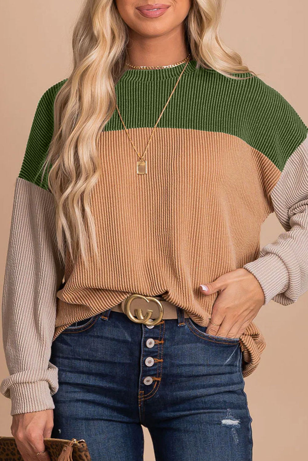 Black Color Block Corduroy Long Sleeve Top *