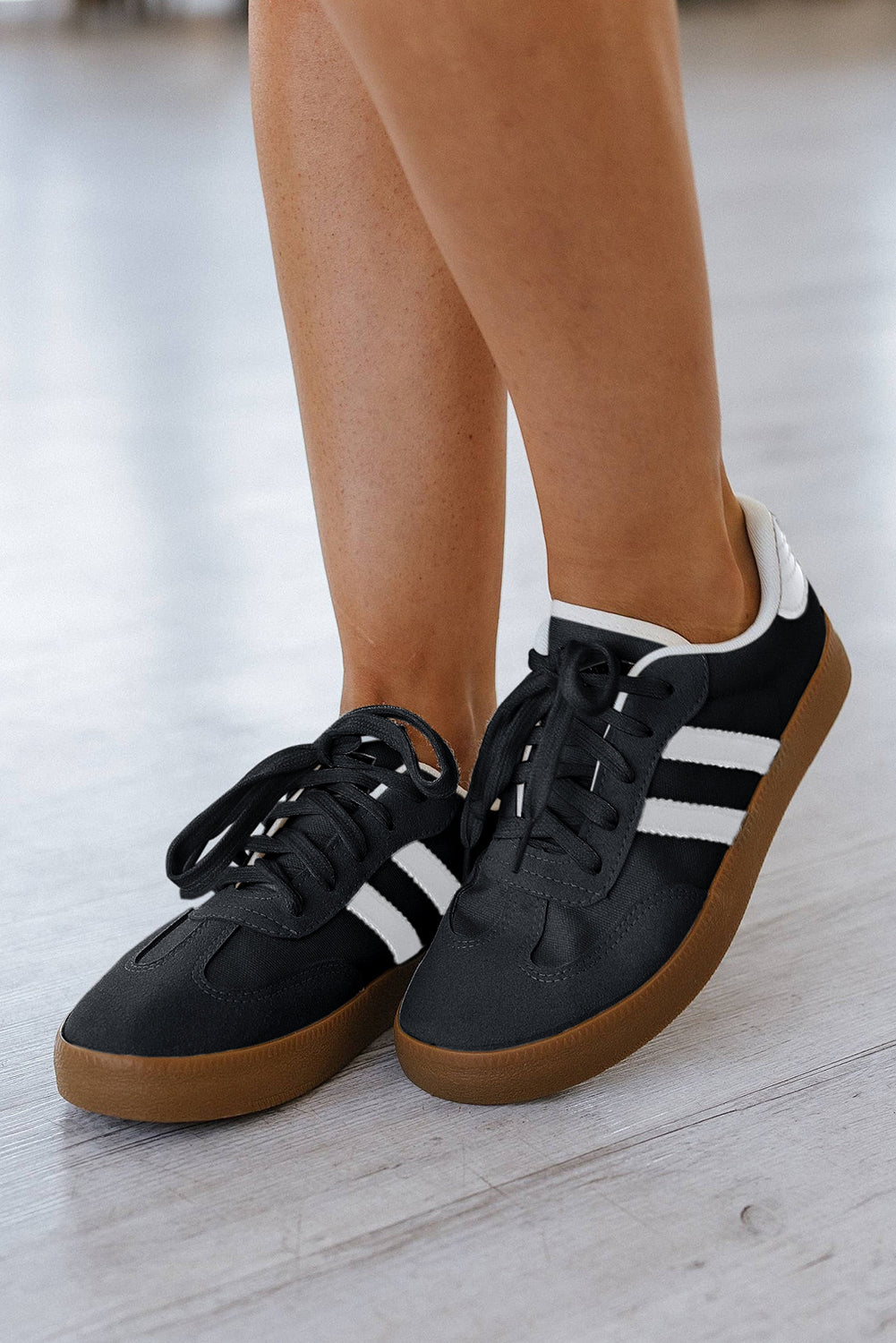 Black Striped Lace Up Flat Sneakers