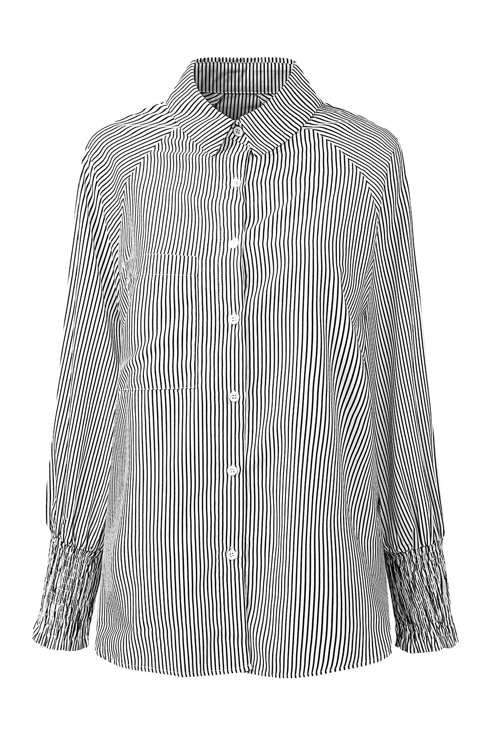 Black Striped Casual Shirred Cuffs Shirt *