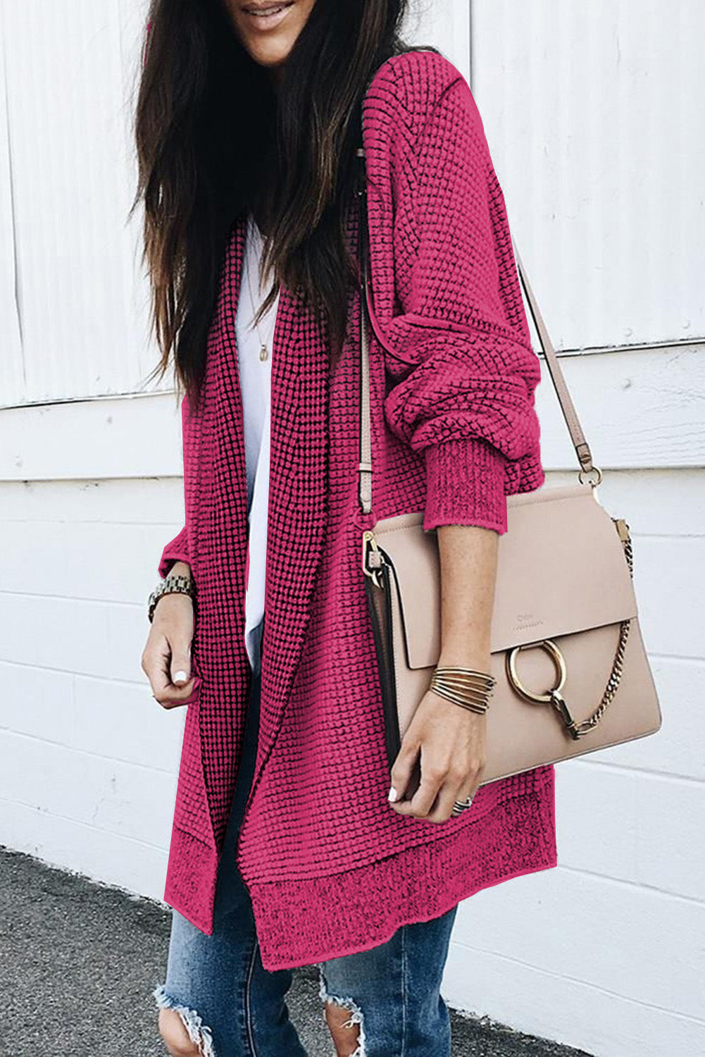 Pink Plaid Contrast Trim Casual Knit Long Cardigan*