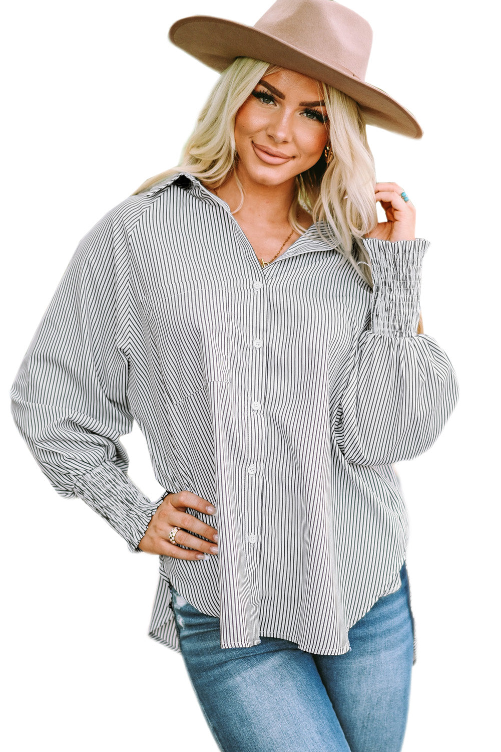 Black Striped Casual Shirred Cuffs Shirt *