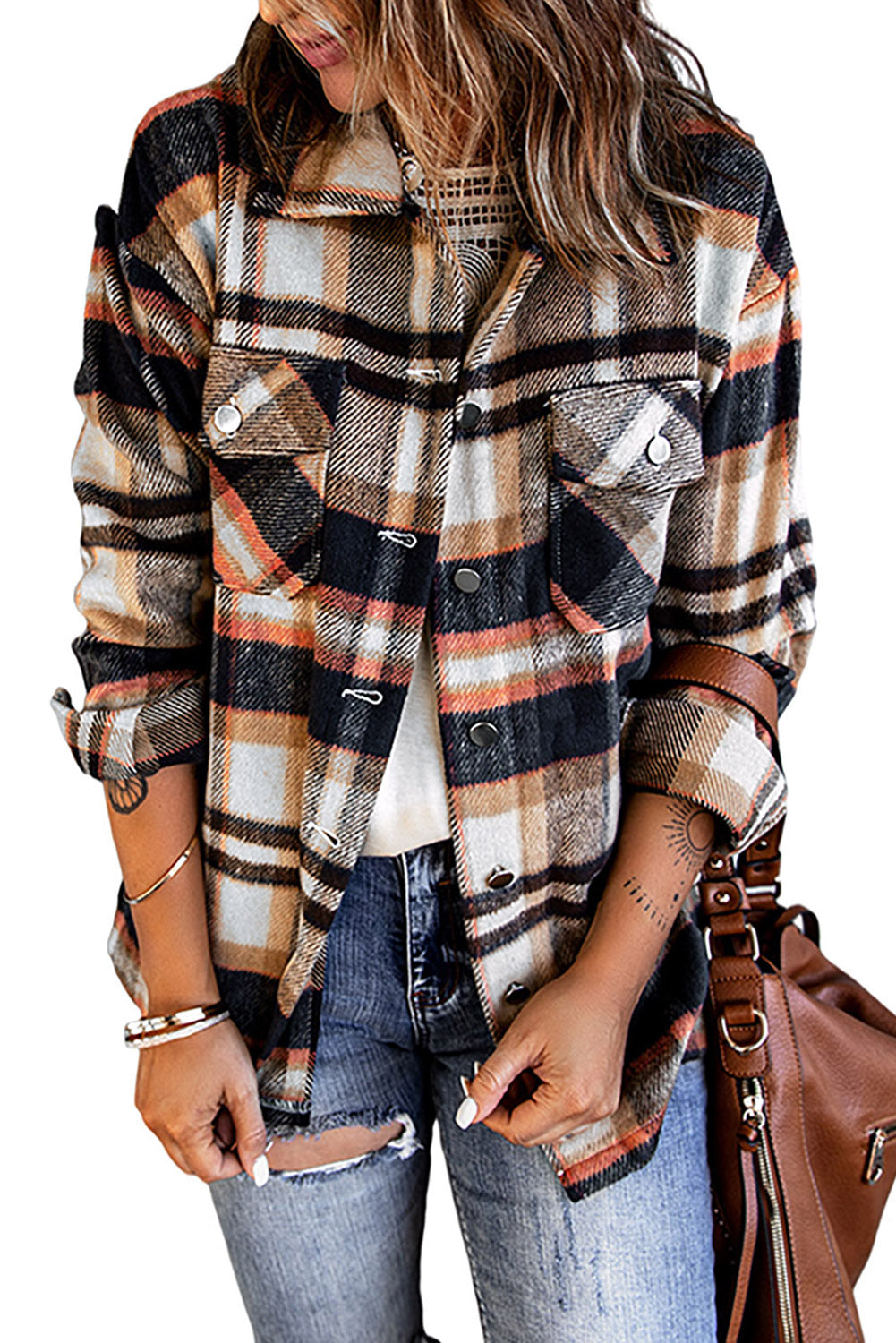 Multicolor Plaid Casual Button Up Flannel Shacket *