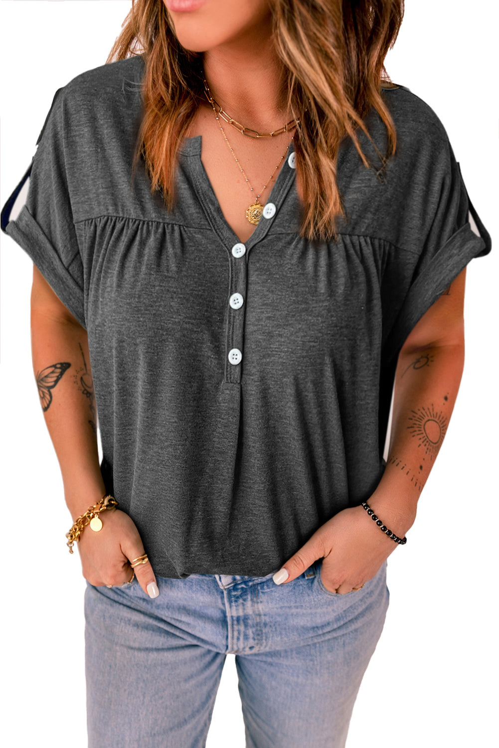 Gray Solid Button V Neck Short Sleeve Top