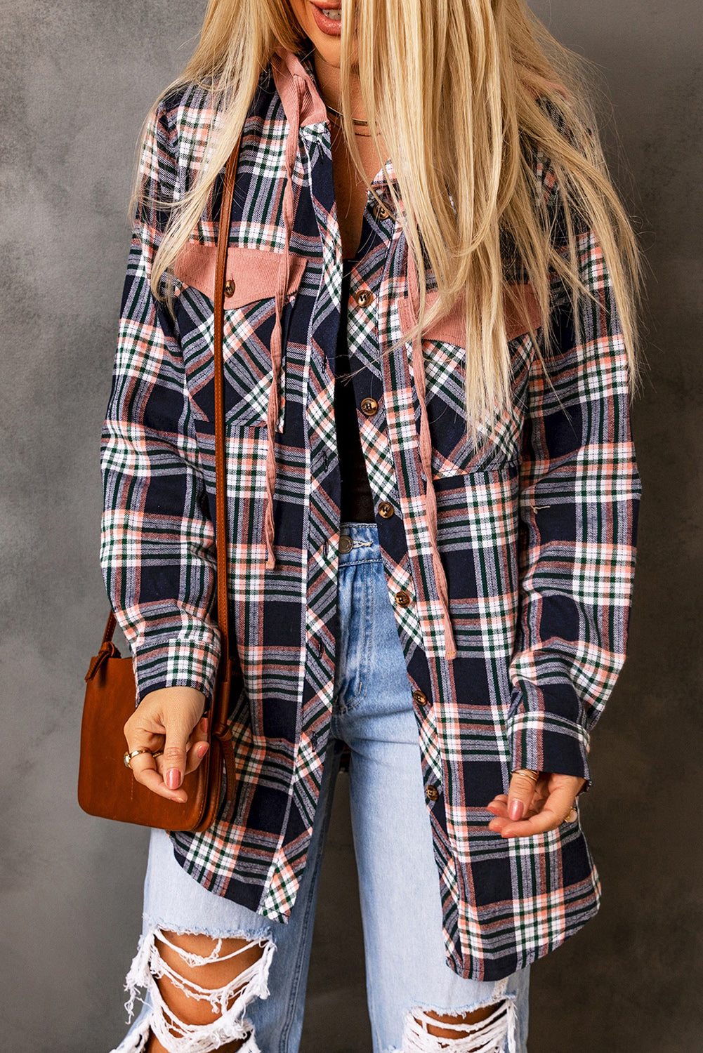 Pink Plaid Contrast Hooded Drawstring Shacket *