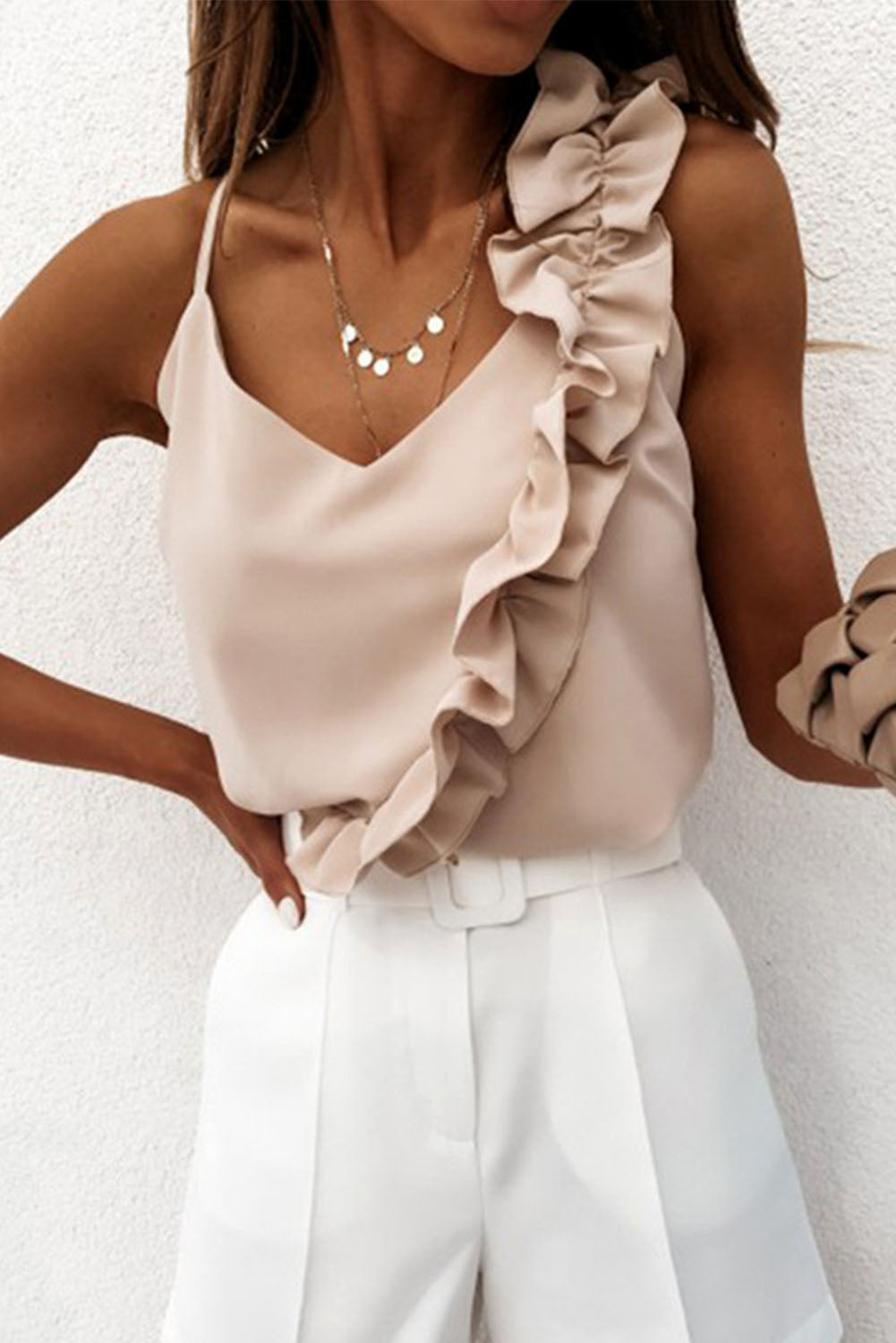 Beige Plain Ruffled V Neck Asymmetrical Sleeveless Top*