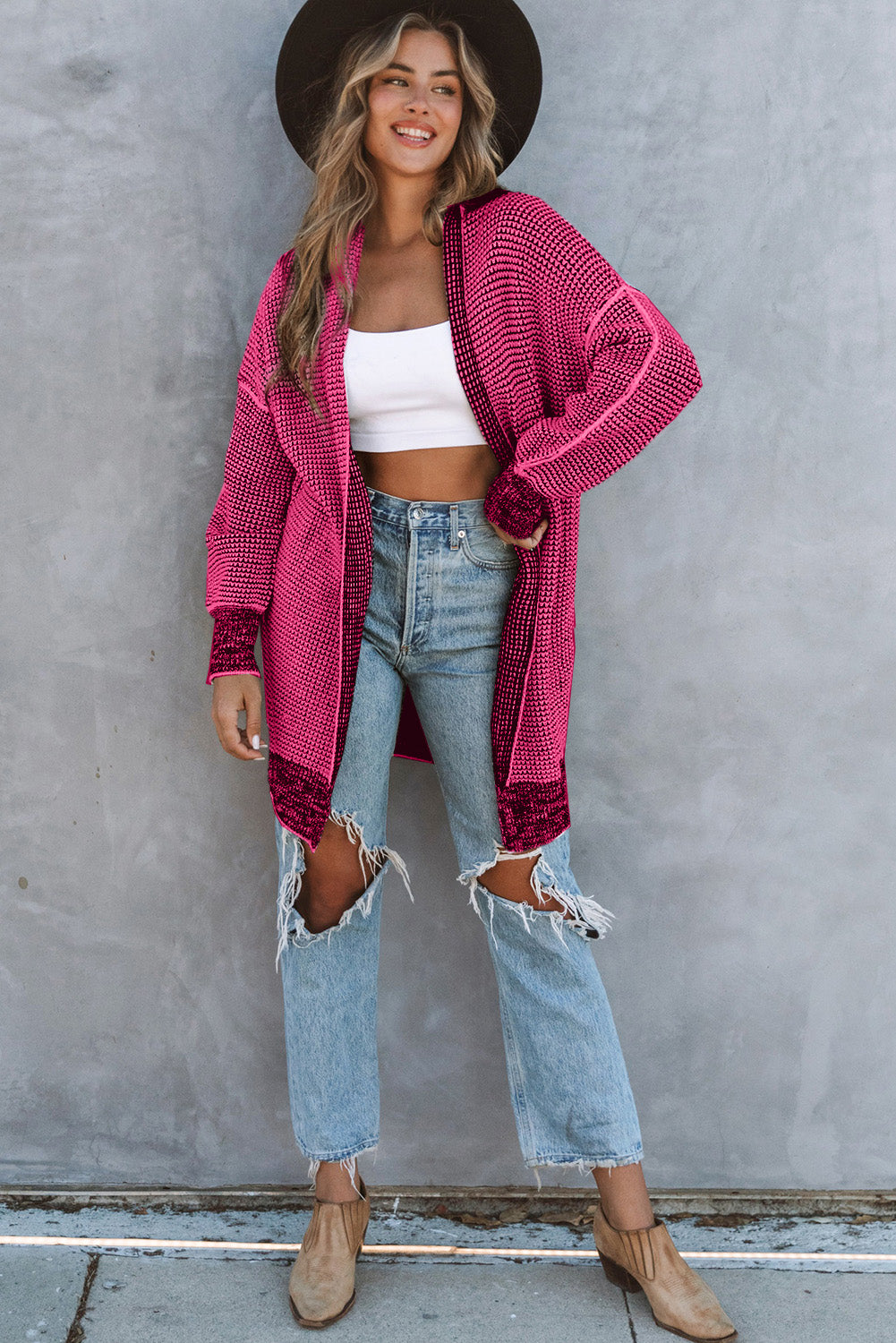 Pink Plaid Contrast Trim Casual Knit Long Cardigan*