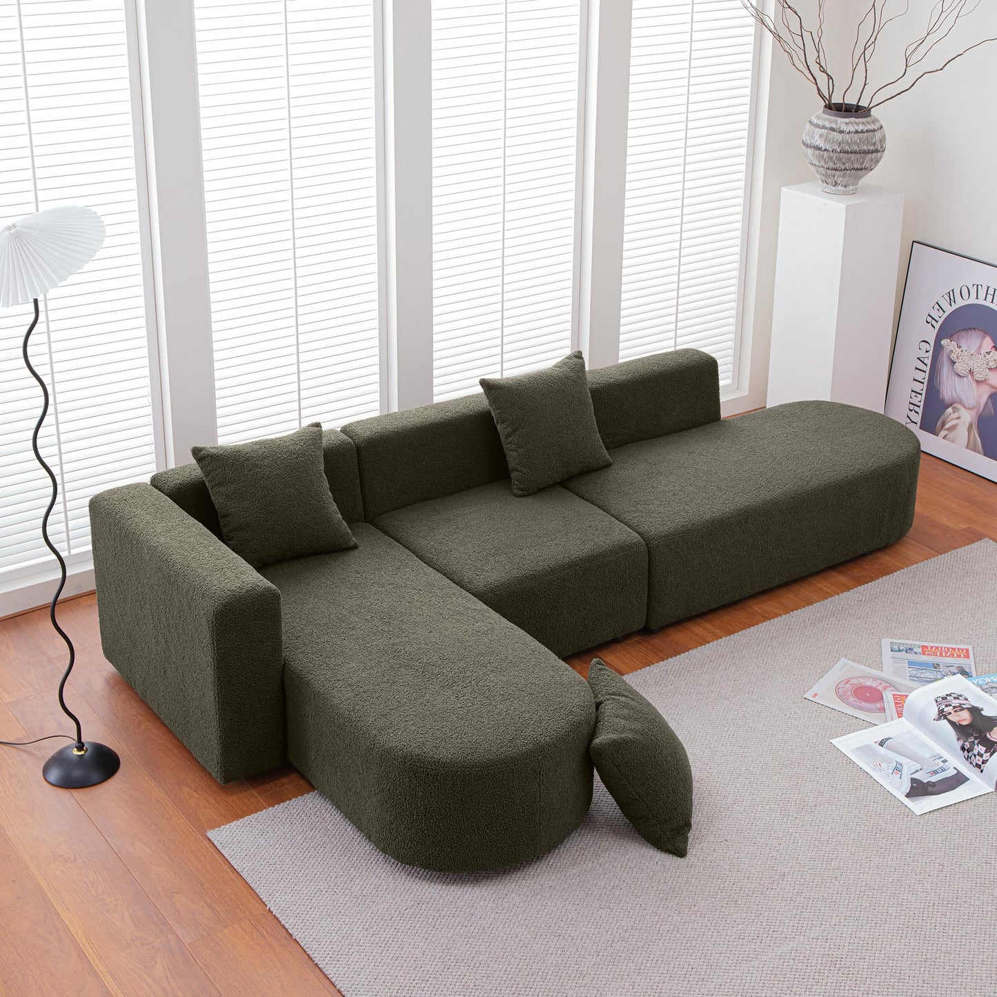 L shape Boucle Sofa with Curved Seat