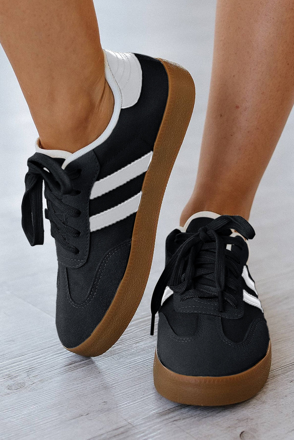 Black Striped Lace Up Flat Sneakers