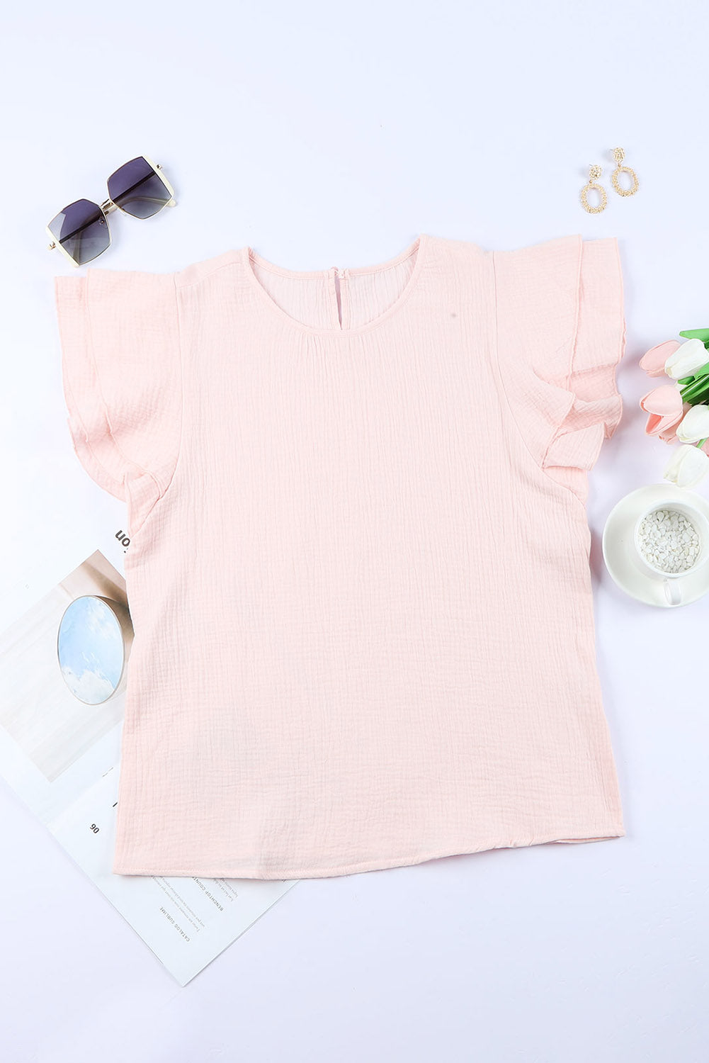 Pink Textured Tiered Ruffle Casual Short Sleeve Top