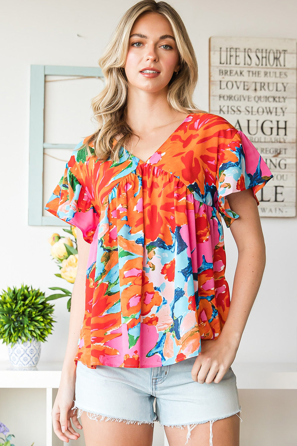 Pink Boho Abstract Print Color Block V Neck Flutter Sleeve Blouse