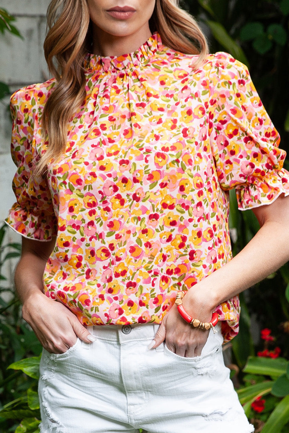 Yellow Floral Boho Frill Mock Neck Blouse