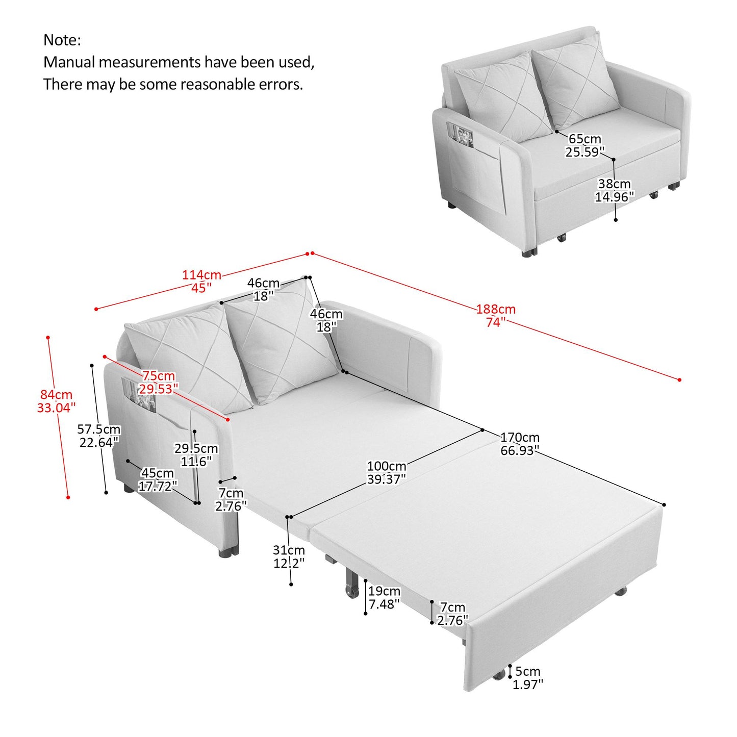 Love Seat Futon with Headboard +2 Pillows