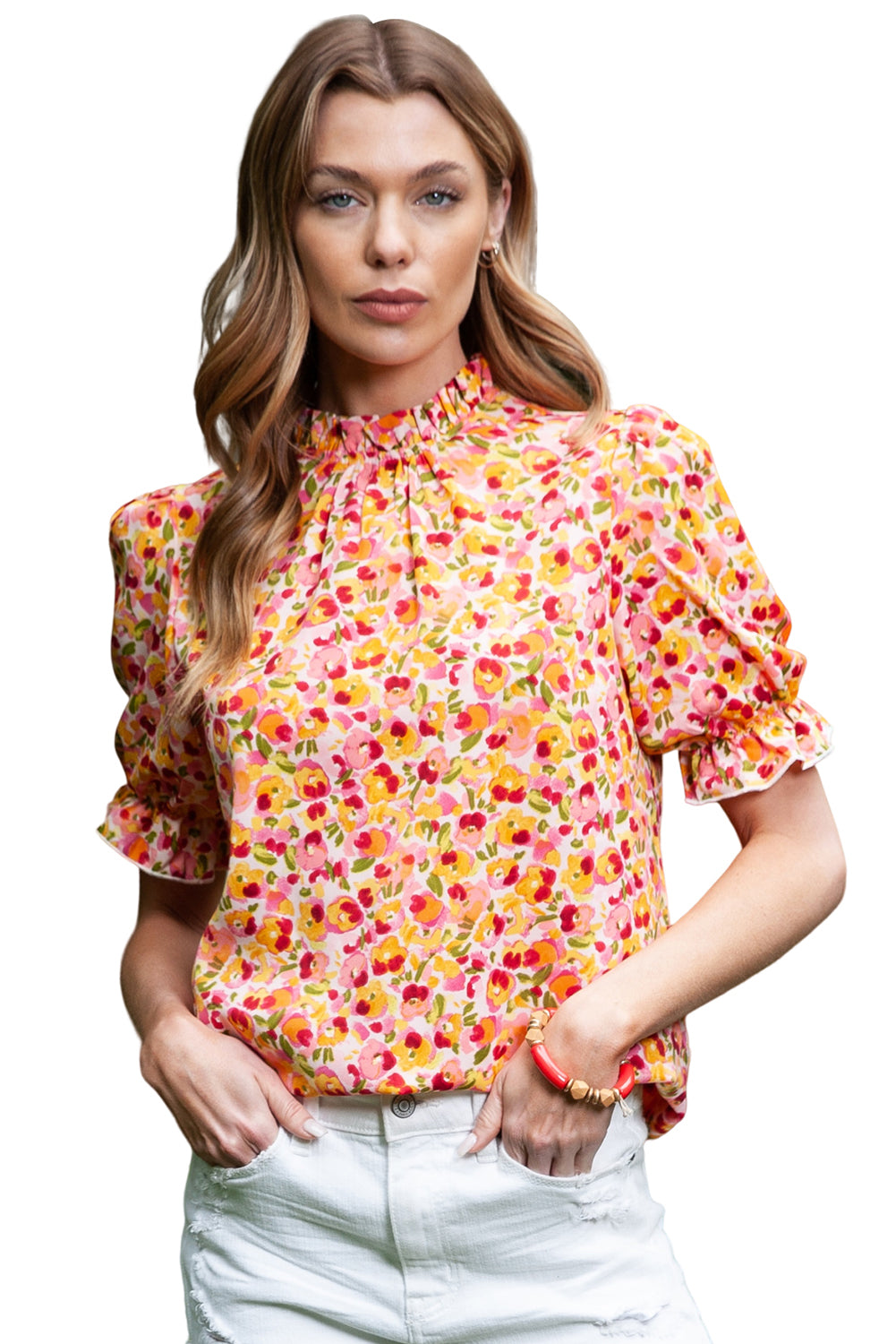 Yellow Floral Boho Frill Mock Neck Blouse