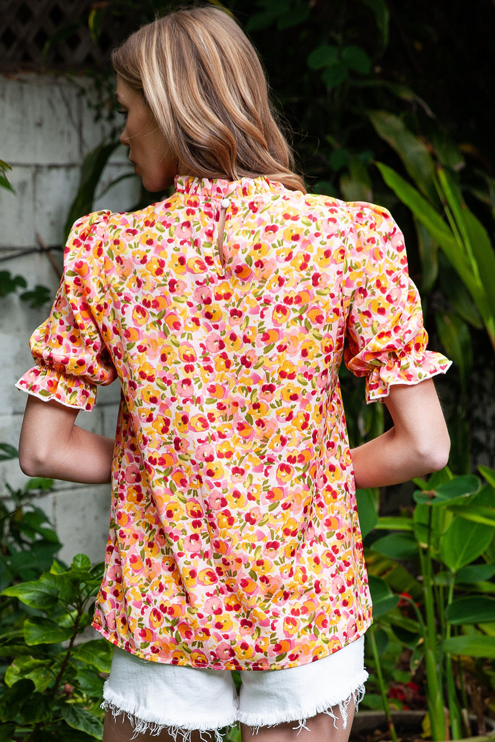 Yellow Floral Boho Frill Mock Neck Blouse