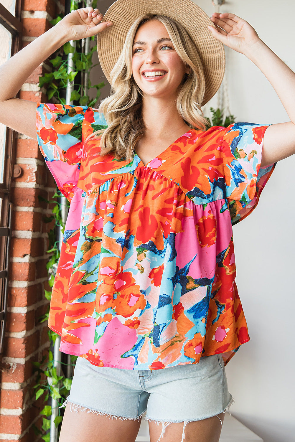 Pink Boho Abstract Print Color Block V Neck Flutter Sleeve Blouse