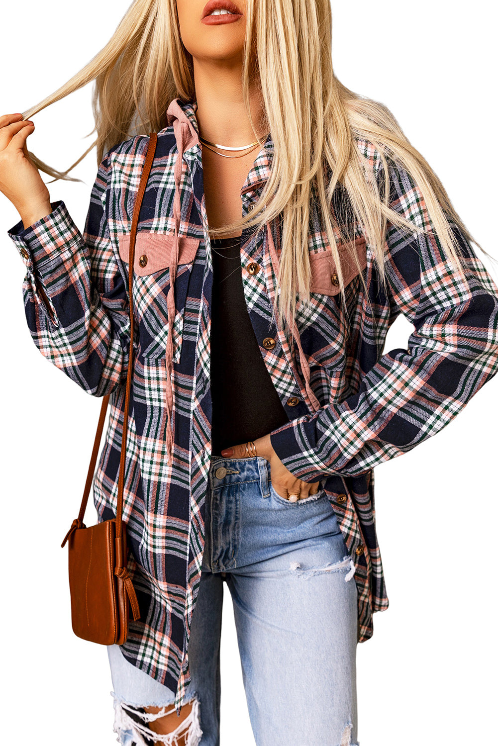 Pink Plaid Contrast Hooded Drawstring Shacket *