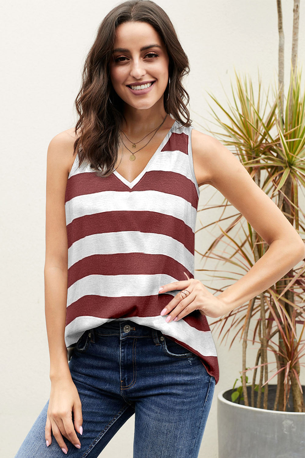 Striped Colorblock V Neck Casual Tank Top