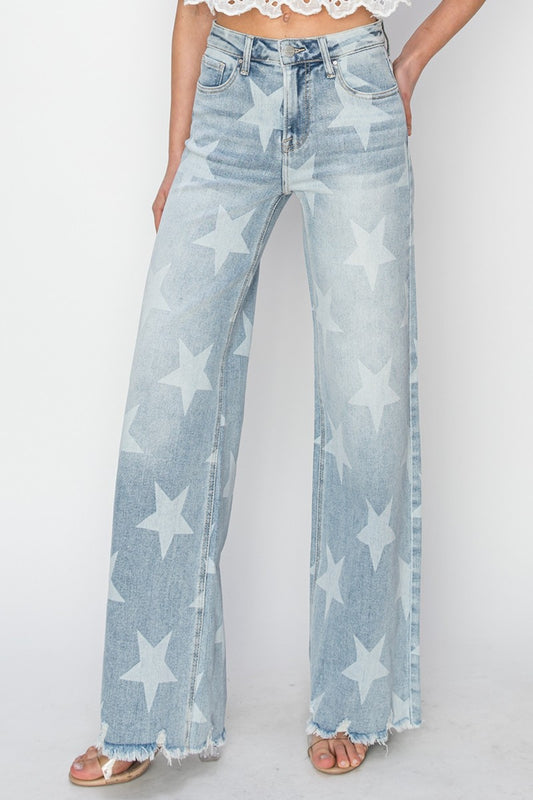 RISEN Full Size Raw Hem Star Wide Leg Jeans