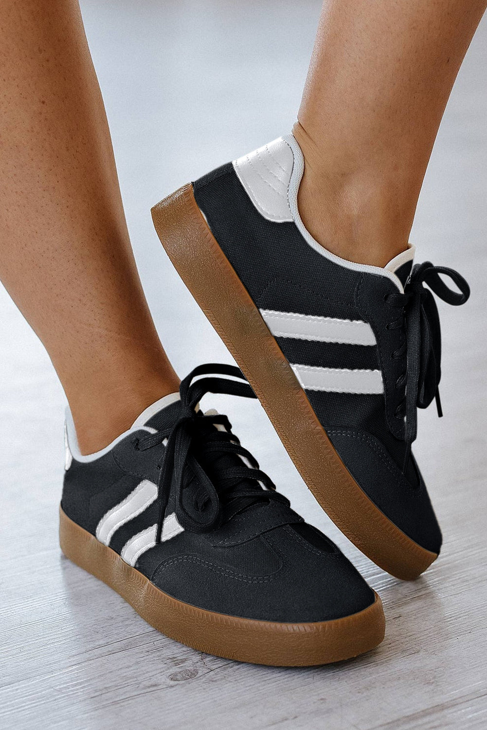 Black Striped Lace Up Flat Sneakers