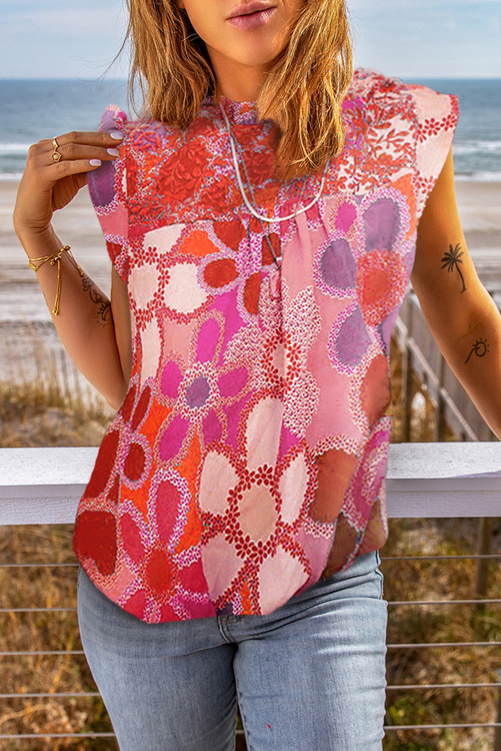 Pink Floral Print Boho Sleeveless Blouse