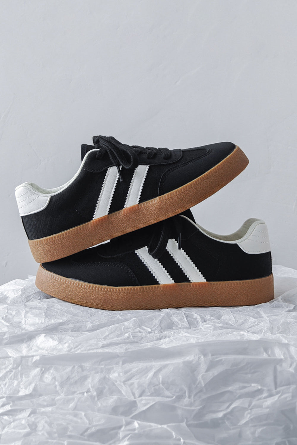 Black Striped Lace Up Flat Sneakers